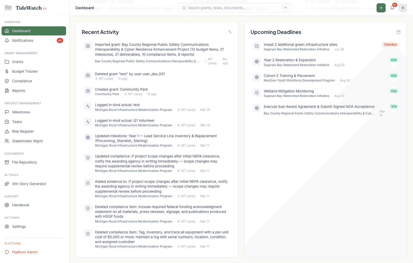 Dashboard activity feed showing recent changes