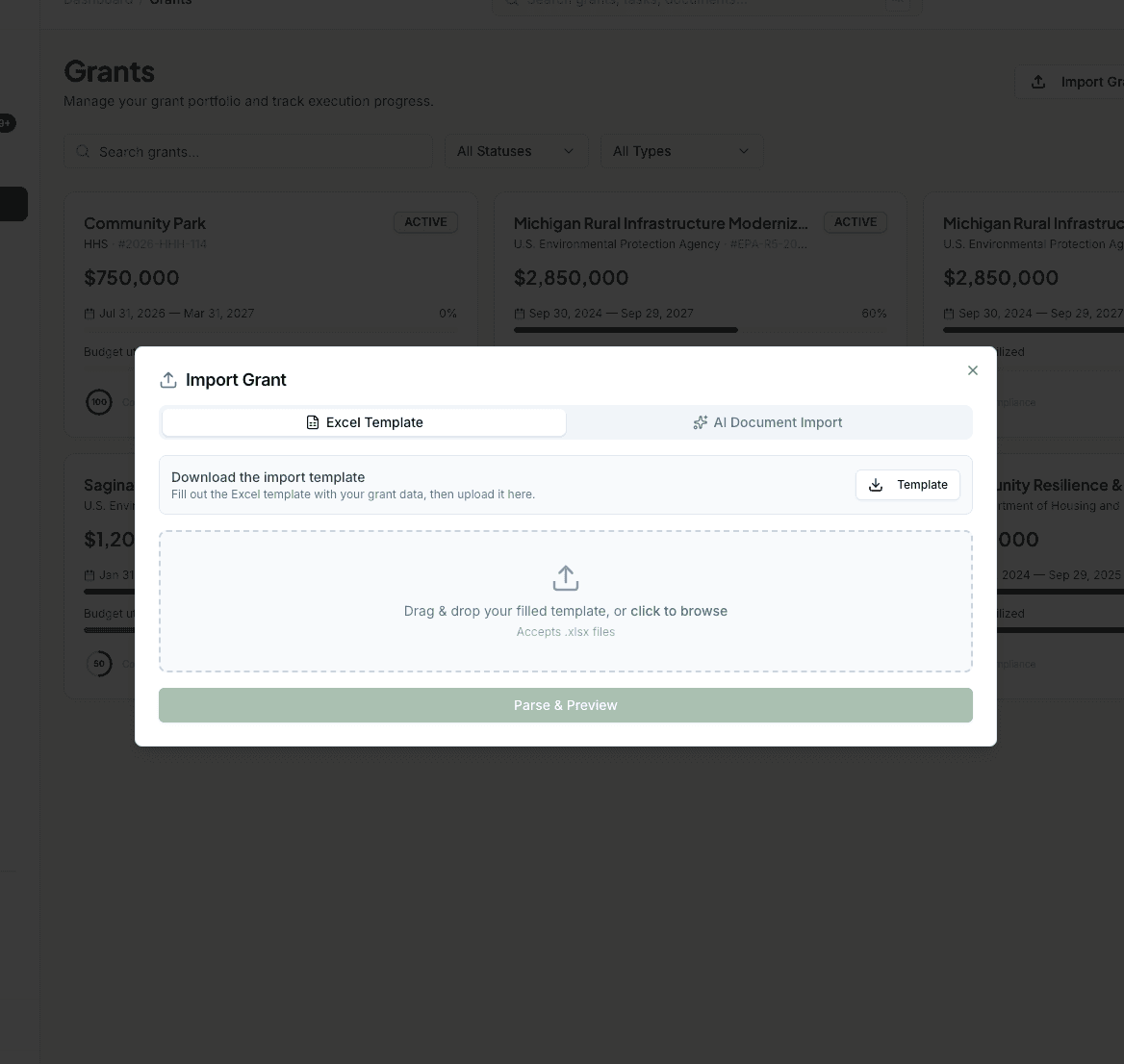 Grants page with the Import button highlighted