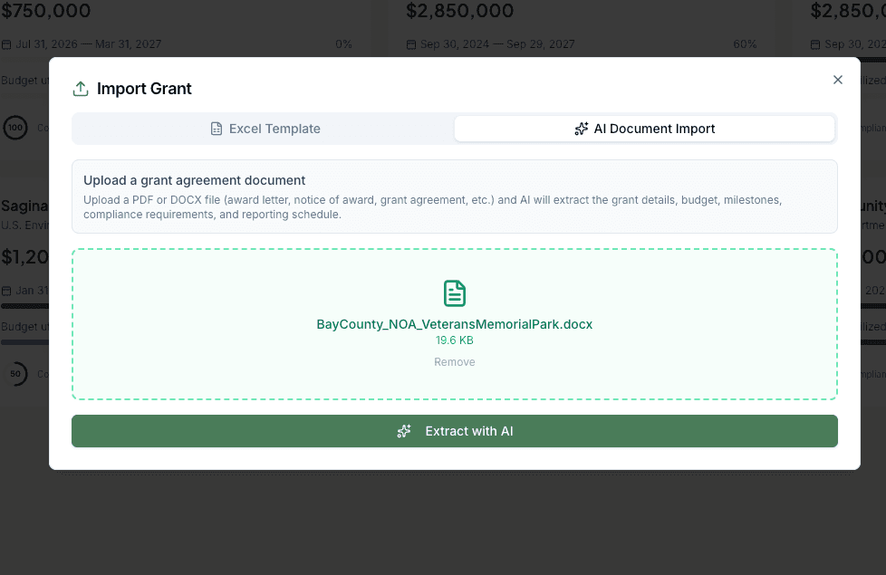 Import dialog showing CSV and AI Document options