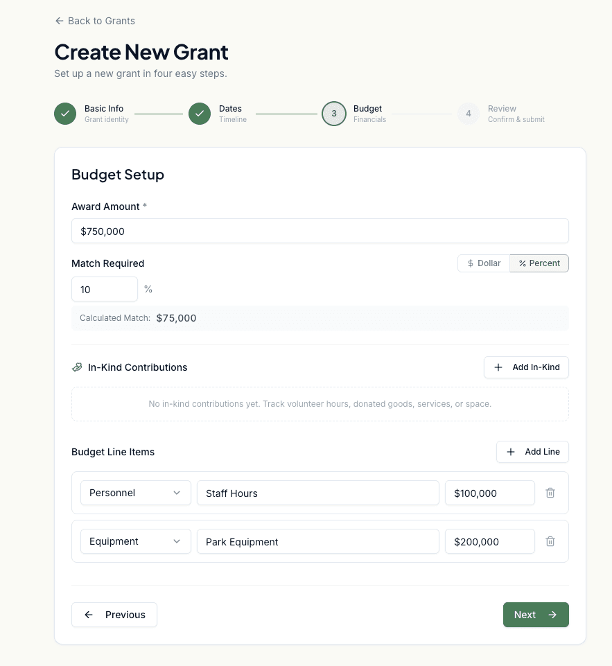 Grant wizard step 2 with financial fields visible