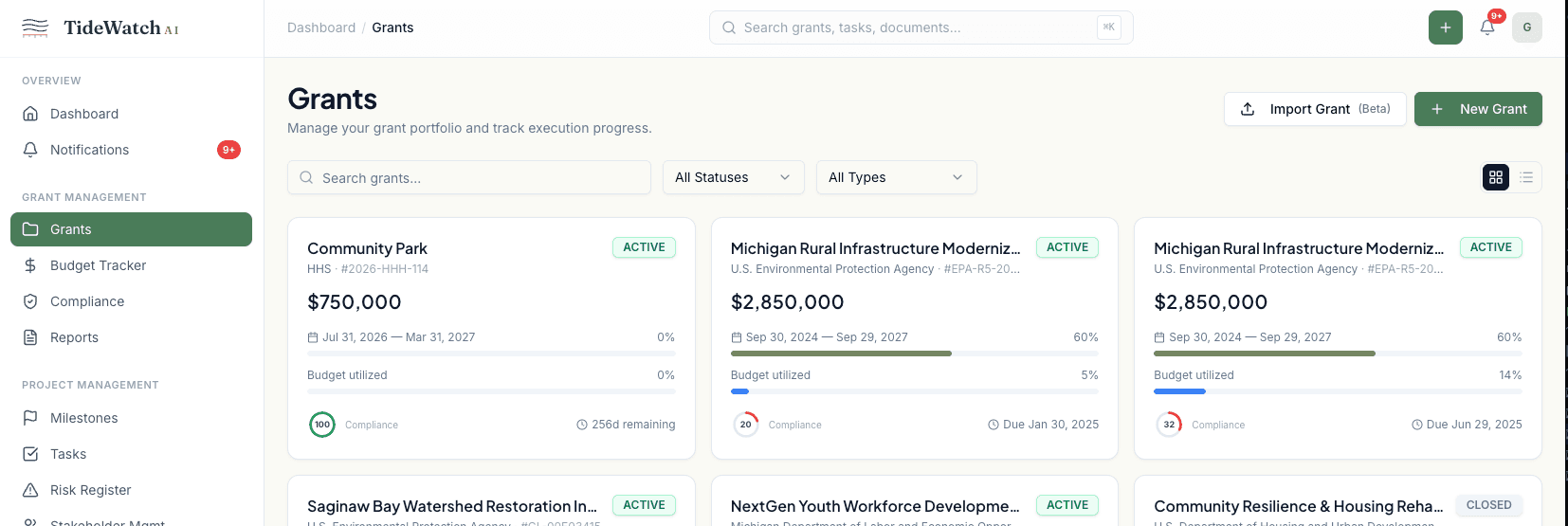 Grants page with New Grant button highlighted