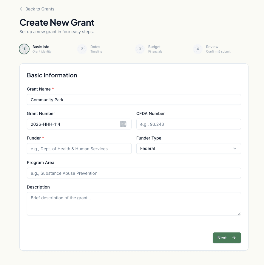 New Grant wizard on the basics step with name, funder, and program fields