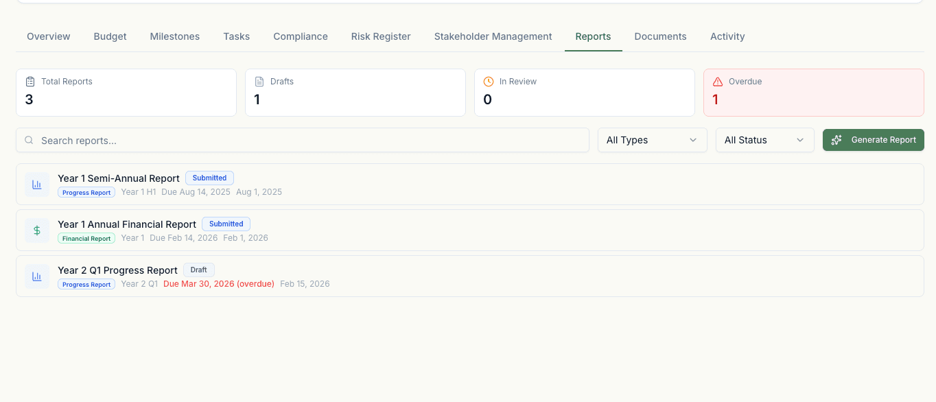 Reports tab with existing reports and generate button