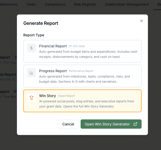 Report type picker with Impact, Financial, and Progress options
