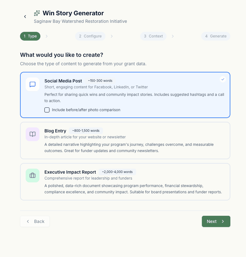 Win Story Generator with tone, audience, and period controls