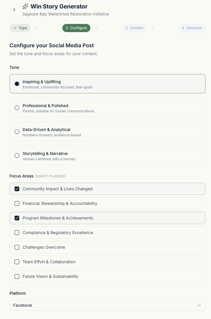 Win Story Generator with focus areas and included sections