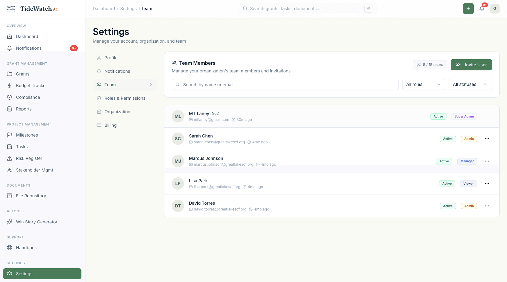 Team settings page with member list